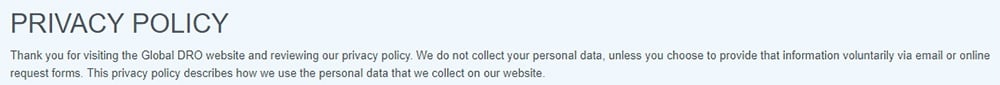Global Dro Privacy Policy: Intro statement about no data collected