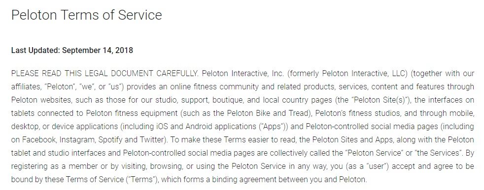 Peloton Terms of Service: Last Updated date and Intro clause