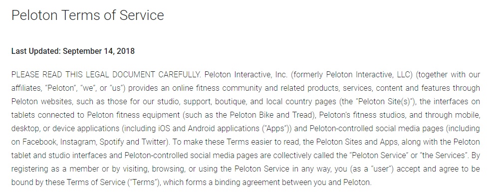 Peloton Terms of Service: Last Updated date and Intro clause