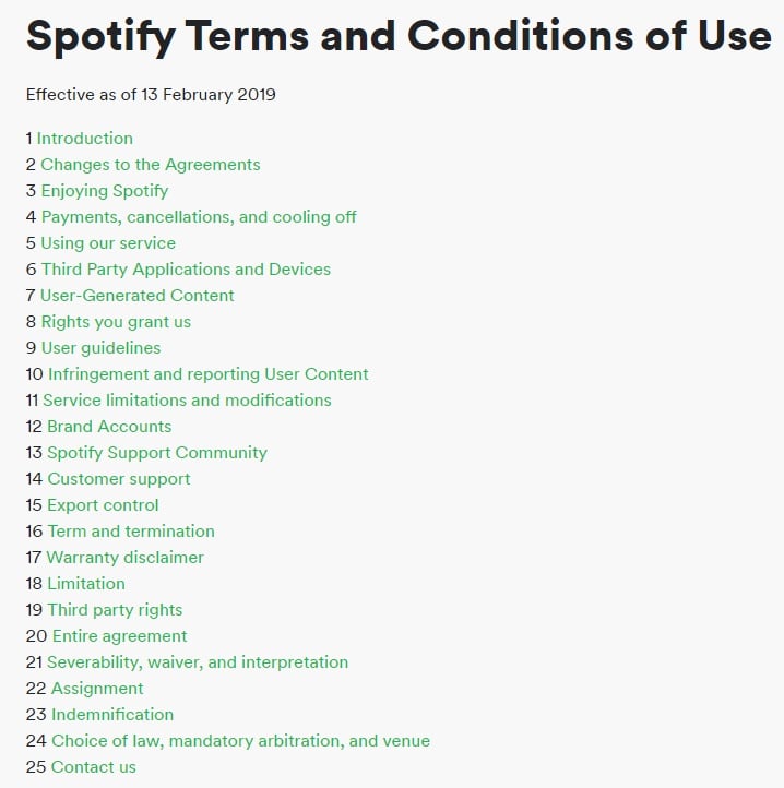 Spotify Terms and Conditions of Use Table of Contents
