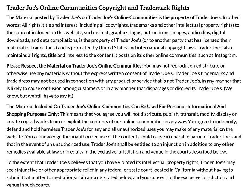 Trader Joe&#039;s Online Communities Terms of Use: Copyright and Trademark Rights clause