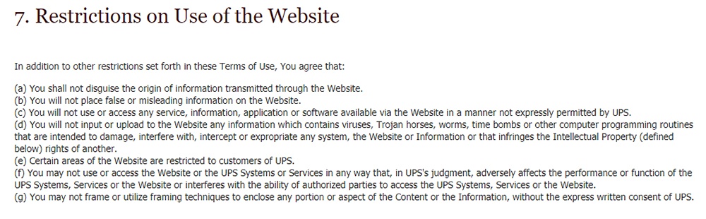UPS Terms of Use: Restrictions on Use of the Website clause