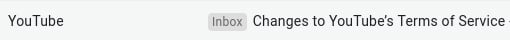 YouTube email showing Changes to Terms of Service as subject line