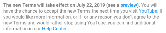 YouTube email notice for updated Terms of Service: Effective date section