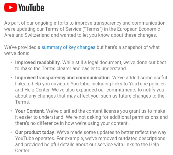 YouTube email notice for updated Terms of Service