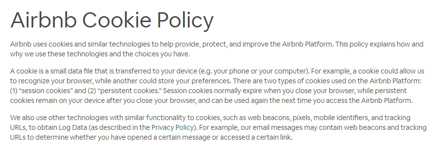Airbnb Cookie Policy Intro clause