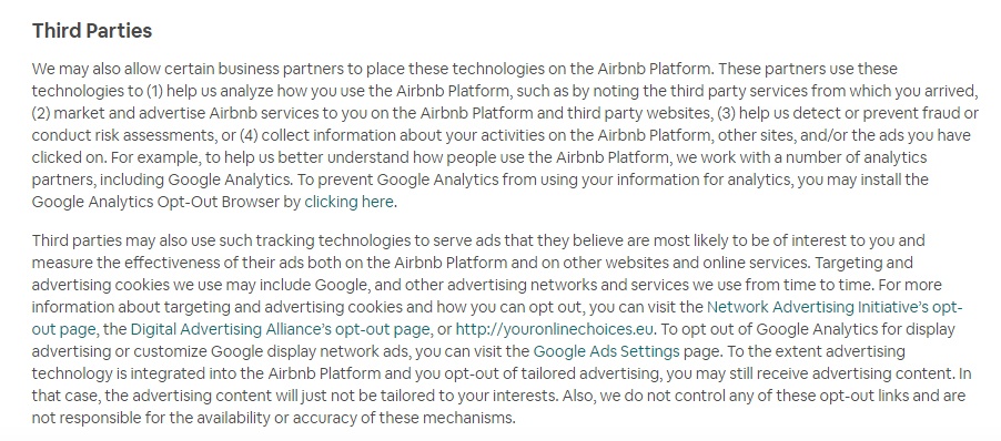 Airbnb Cookie Policy: Third Parties clause