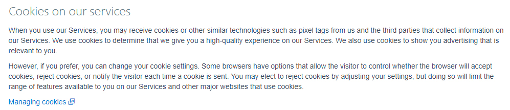 American Airlines Privacy Policy: Excerpt of Cookies clause