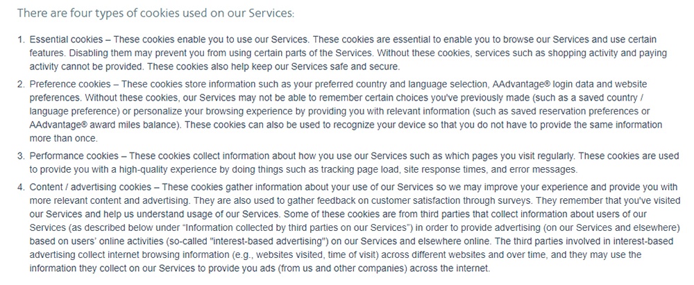 American Airlines Privacy Policy: Cookies clause - Types of cookies used