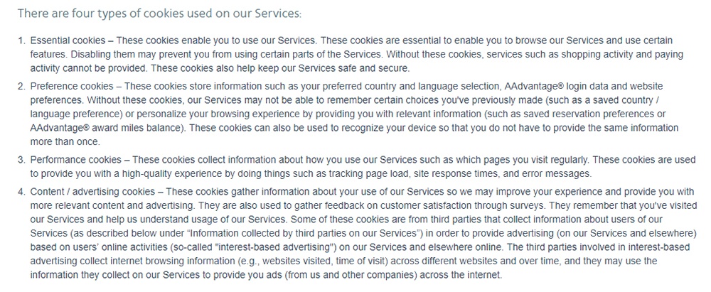 American Airlines Privacy Policy: Cookies clause - Types of cookies used
