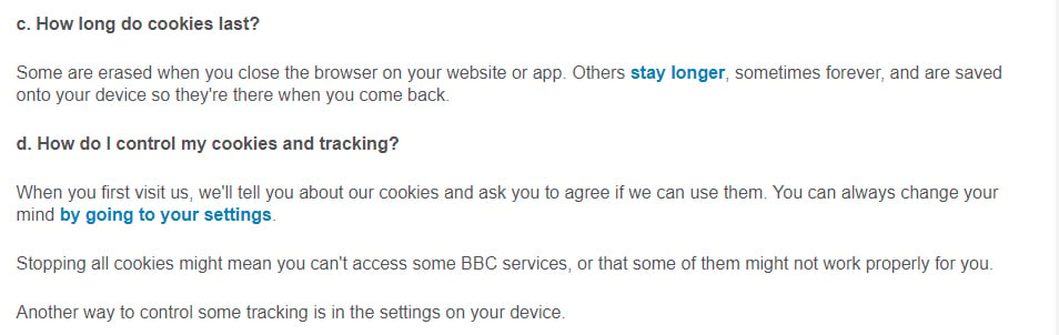BBC Privacy Policy: Cookies and Similar Tracking Technologies clause: How long do cookies last and how to control cookies sections