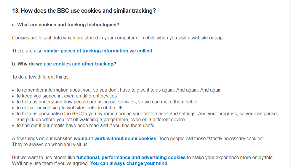 BBC Privacy Policy: Cookies and Similar Tracking Technologies clause: What and Why sections
