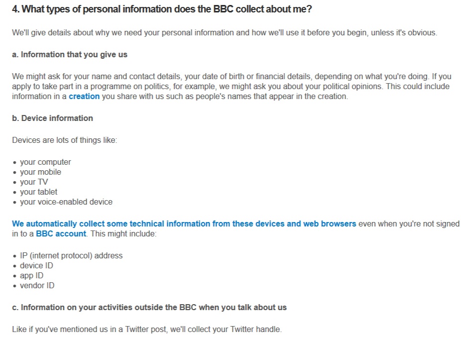 BBC Privacy Policy: What types of personal information does the BBC collect about me clause excerpt
