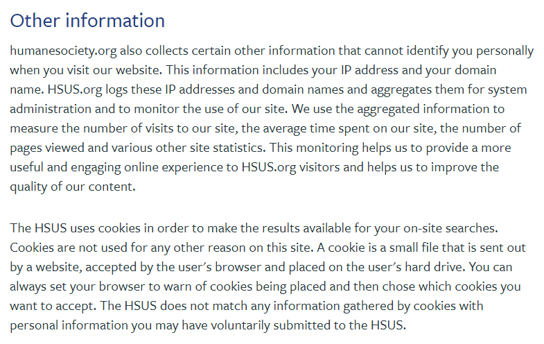 HSUS Privacy Policy: Other Information clause - Cookies excerpt