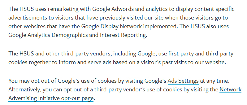 HSUS Privacy Policy: Other Information clause excerpt - Google AdWords and Cookies section