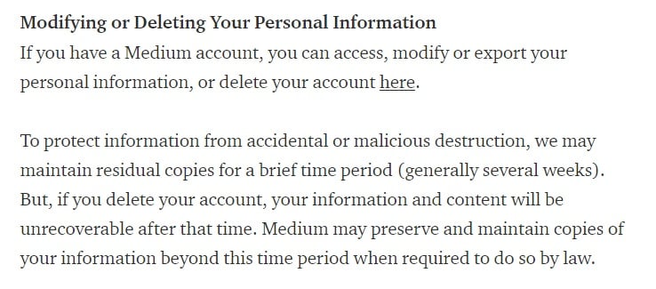 Medium Privacy Policy: Modifying or Deleting Your Personal Information clause