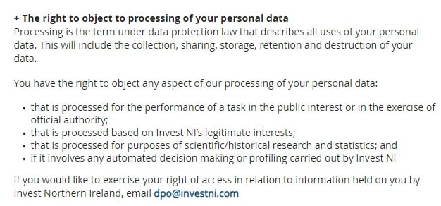 Nibusinessinfo UK Privacy Policy: The right to object to processing of your personal data clause