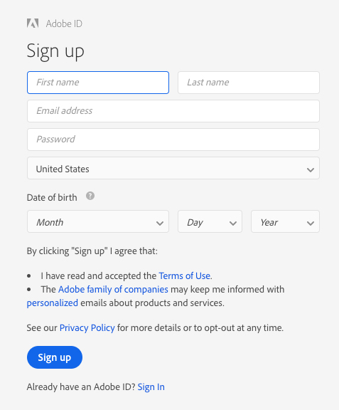 Adobe accoutn sign-up screen