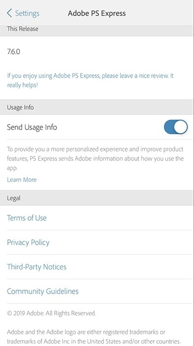 Adobe PS Express app: Settings menu screenshot