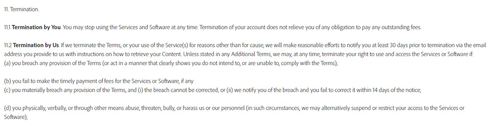 Adobe Terms of Use: Termination by You and by Us clause excerpt