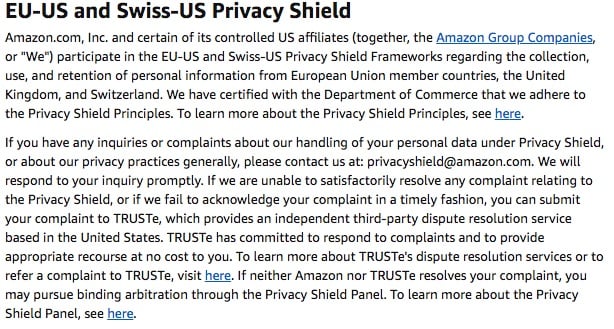 Amazon UK Privacy Notice: EU-US and Swiss-US Privacy Shield clause