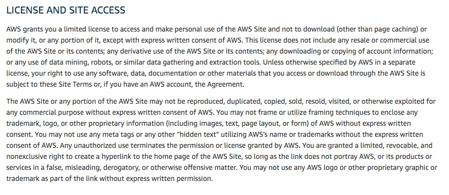 Amazon Web Services Terms of Use: License and Site Access clause