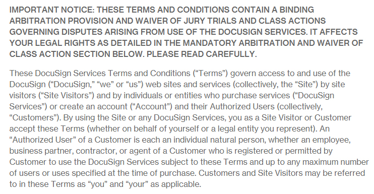 Docusign Terms and Conditions: Accept Terms clause excerpt