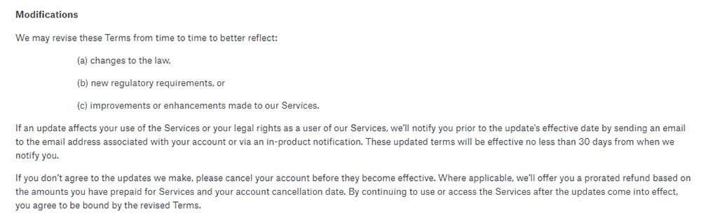 Dropbox Terms of Service: Modifications clause