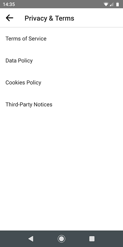 Facebook Lite Messenger app: Privacy and Terms links menu
