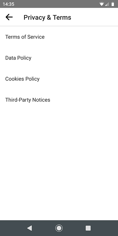 Facebook Lite Messenger app: Privacy and Terms links menu