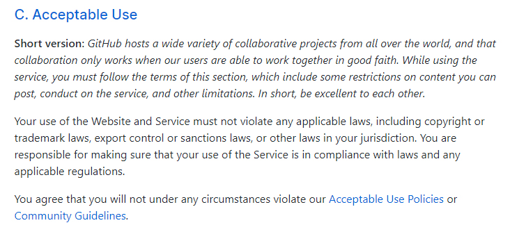 GitHub Terms of Service: Acceptable Use clause