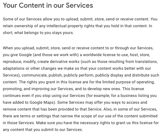 Google Terms of Service: User generated content clause