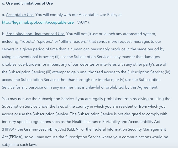 Hubspot Customer Terms of Service: Use and Limitations of Use clause excerpt