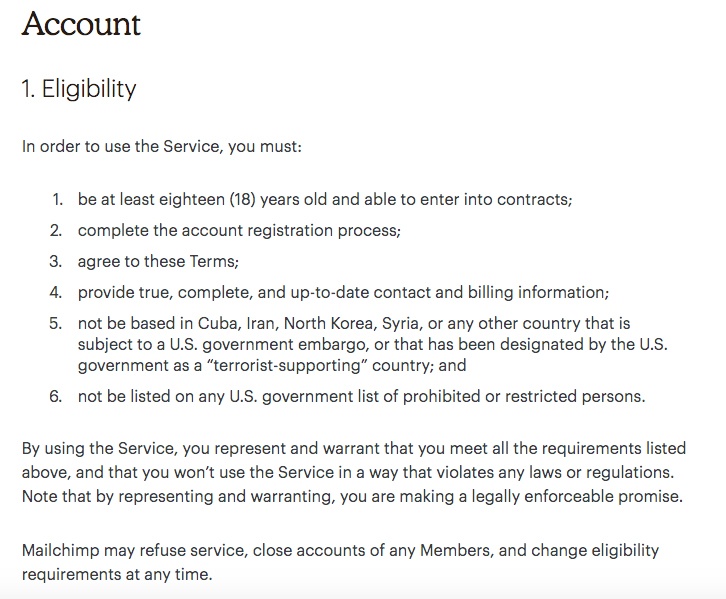 Mailchimp Standard Terms of Use: Eligibility of Use clause