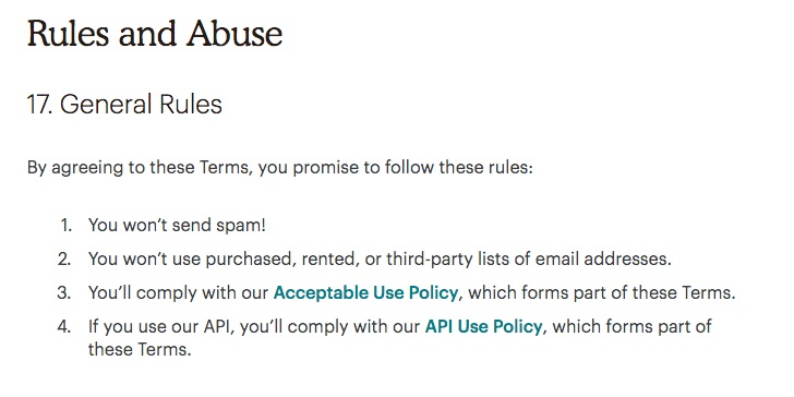Mailchimp Standard Terms of Use: Rule and Abuse clause excerpt