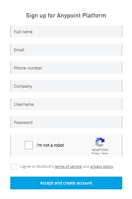 MuleSoft Create Account screen with checkbox to agree to Terms and Privacy Policy