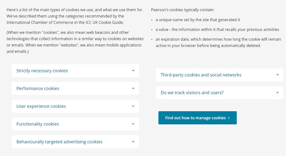 Pearson UK Cookie Policy: Types of cookies used and how clause