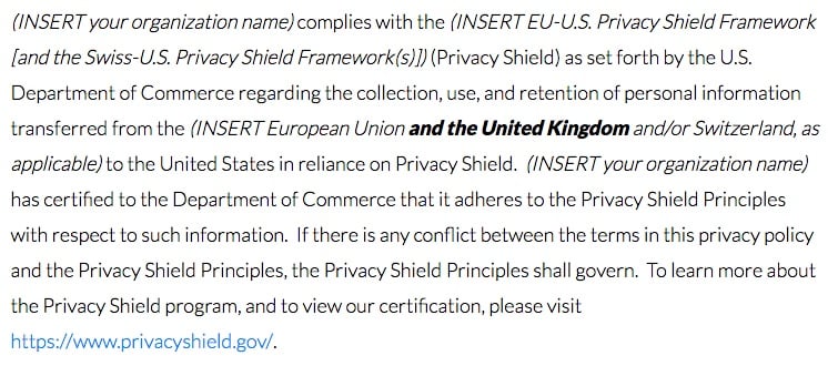 Privacy Shield Framework: UK FAQs - Public commitment sample clause