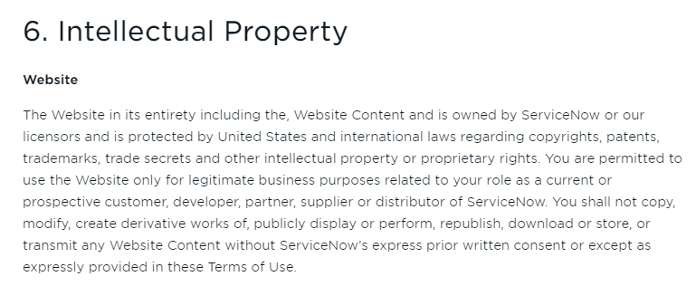 ServiceNow Terms of Use: Intellectual Property - Website clause excerpt