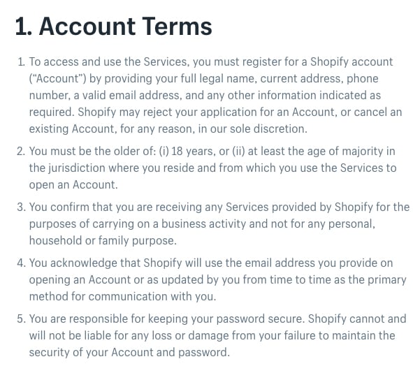 Shopify Terms of Service: Account Terms clause excerpt