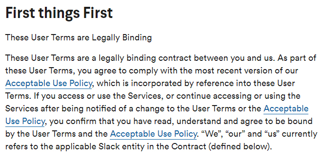 Slack User Terms of Service: Terms are Legally Binding clause