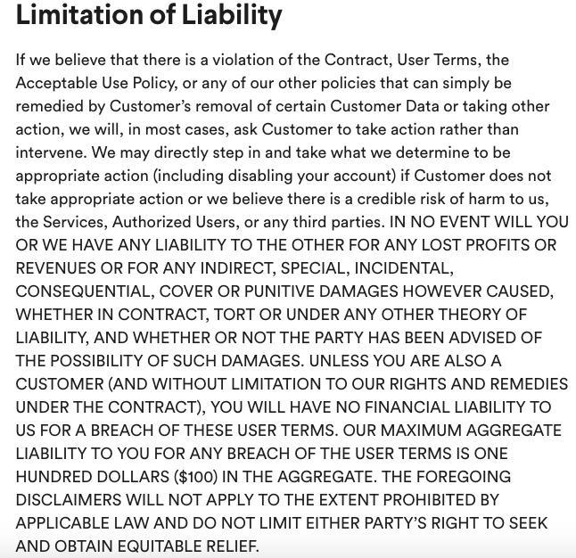 Slack User Terms of Service: Limitation of Liability clause