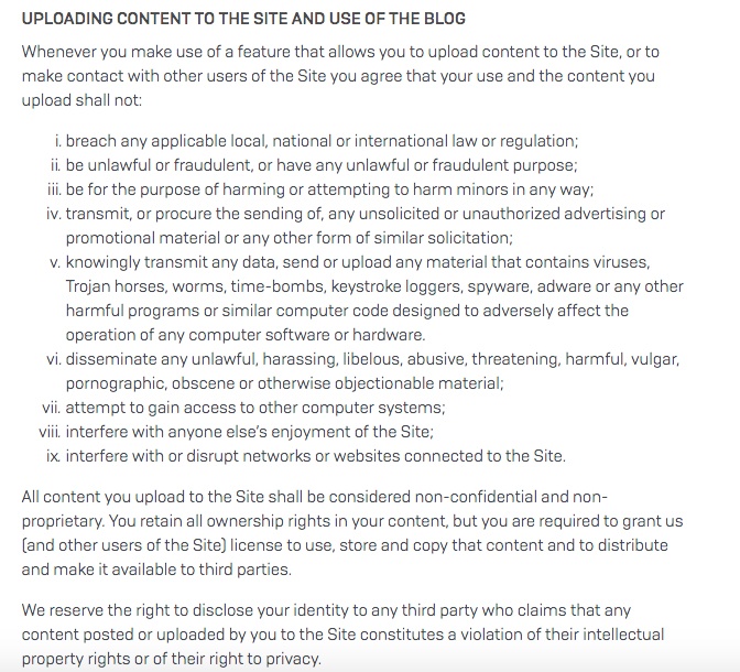 Sophos Terms of use: Uploading Content to the Site and Use of the Blog clause