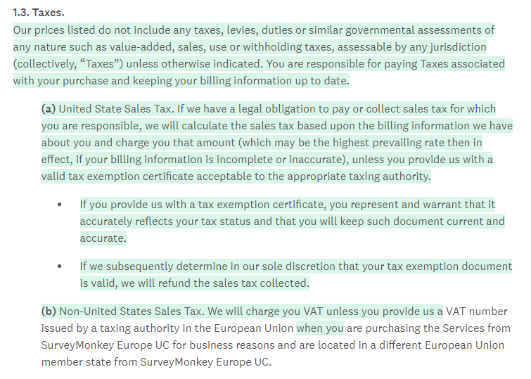 SurveyMonkey Terms of Use: Taxes clause