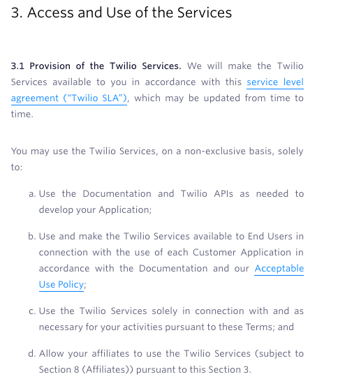 Twilio Terms of Service: Access and Use of the Services clause