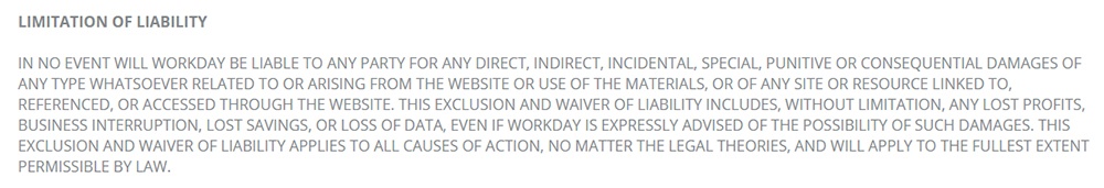 Workday Terms of Use: Limitation of Liability clause