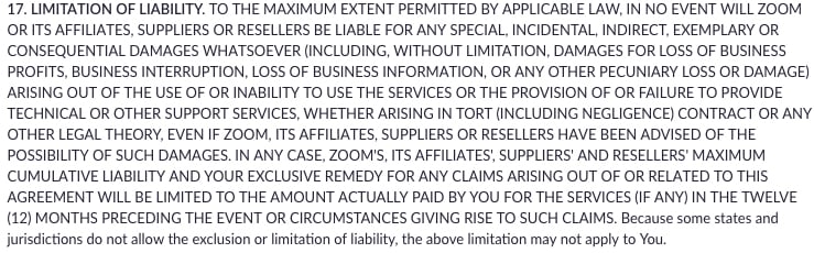 Zoom Terms of Service: Limitation of Liability clause