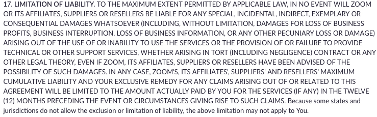 Zoom Terms of Service: Limitation of Liability clause
