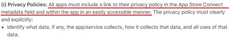 Apple App Store Review Guidelines: Privacy Policies clause - Link Required excerpt