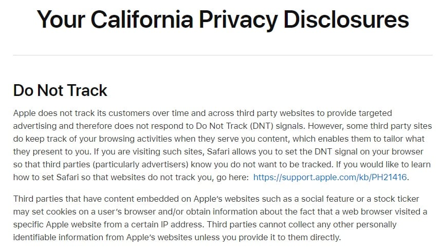 Apple California Privacy Disclosures: DNT clause